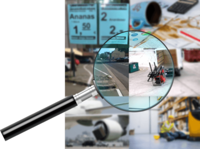 Symbolische Lupe zeigt Bilder von Vorfällen – Darstellung der Ursachenanalyse bei Fehlerereignissen