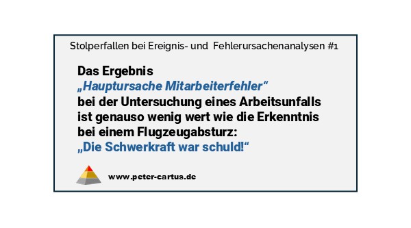 Illustration zur Stolperfalle bei Fehlerursachenanalysen: Die Diagnose ‚Hauptursache Mitarbeiterfehler‘ ist so wenig hilfreich wie die Erklärung eines Flugzeugabsturzes mit ‚Die Schwerkraft war schuld‘. Hinweis auf oberflächliche Analysen, die Lernen verhindern.