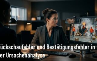 Interviewerin bei der Ursachenanalyse eines Arbeitsunfalls – Rückspiegel zeigt Lagerunfall als Symbol für Rückschaufehler und Bestätigungsfehler