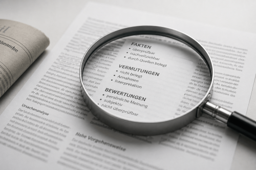HERCA-Kernthese-3 Lupe über einem Dokument zur Analyse von Fakten, Vermutungen und Bewertungen bei der Ursachenanalyse