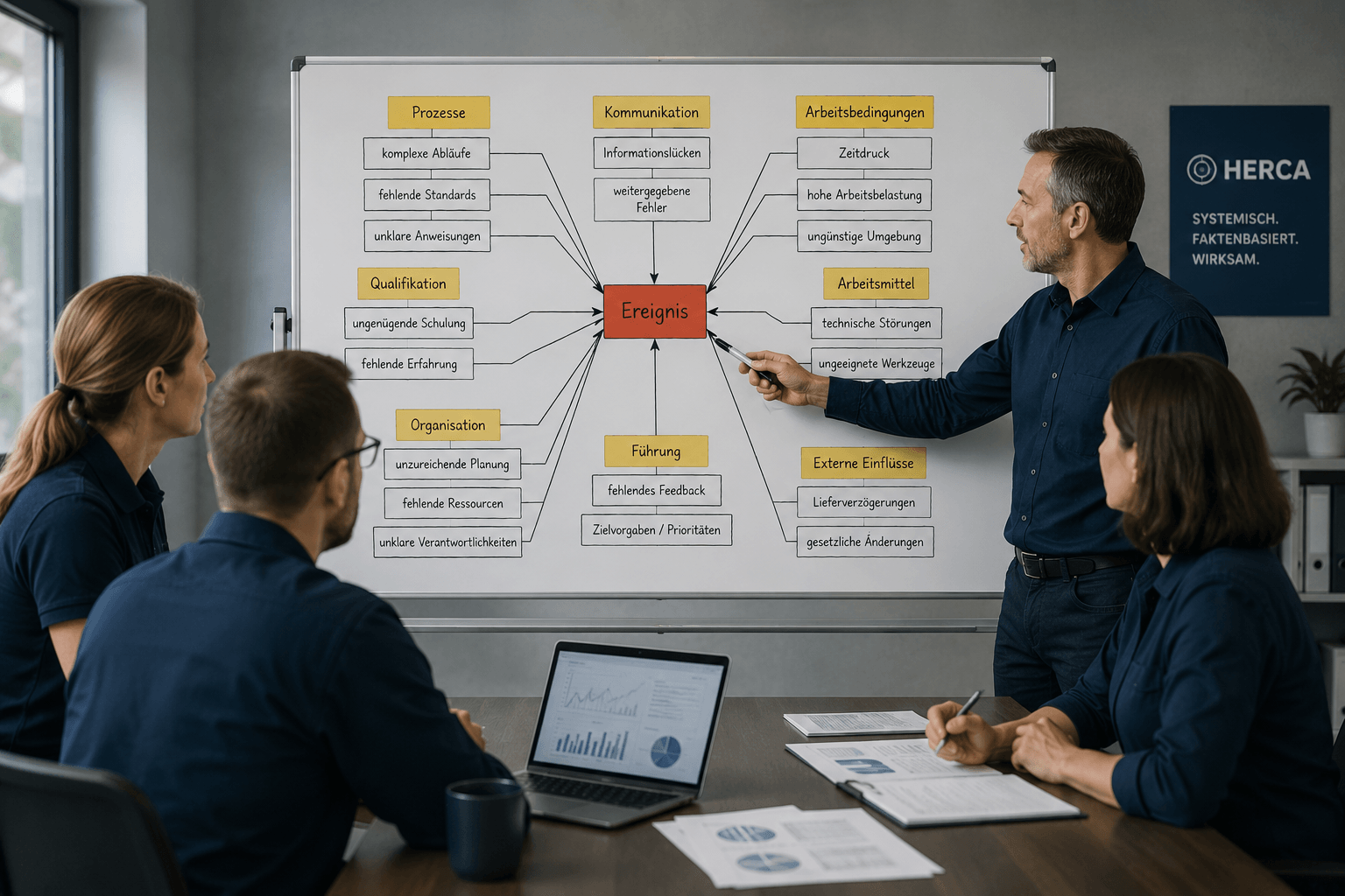 HERCA-Kernthese-4 Team analysiert die Zusammenhänge zwischen einem Ereignis und mehreren Einflussfaktoren in einer systematischen Ursachenanalyse.
