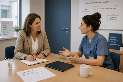 HERCA-Kernthese-5 Qualitätsmanagerin führt in einem Besprechungsraum einer Klinik ein vertrauensvolles Interview mit einer Pflegekraft zur Analyse eines kritischen Ereignisses.