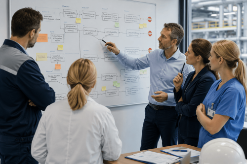 HERCA-Kernthese-8 Team analysiert eine Ursachenkarte, um aus den systemischen Bedingungen eines Ereignisses Erkenntnisse für Präventionsmaßnahmen und organisatorisches Lernen abzuleiten.