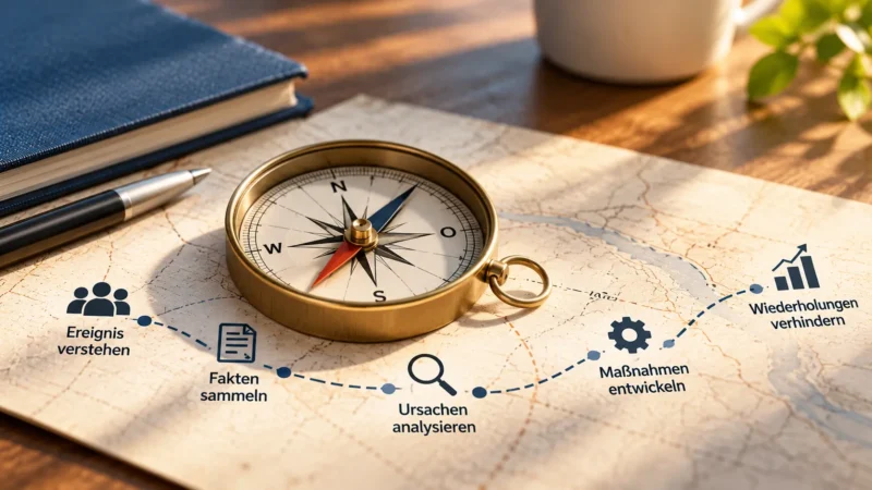 Messingkompass auf einer Karte als Symbol für die systematische Analyse menschlicher Fehler