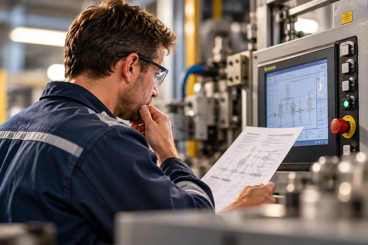 Mitarbeiter prüft Unterlagen an einer Industriemaschine