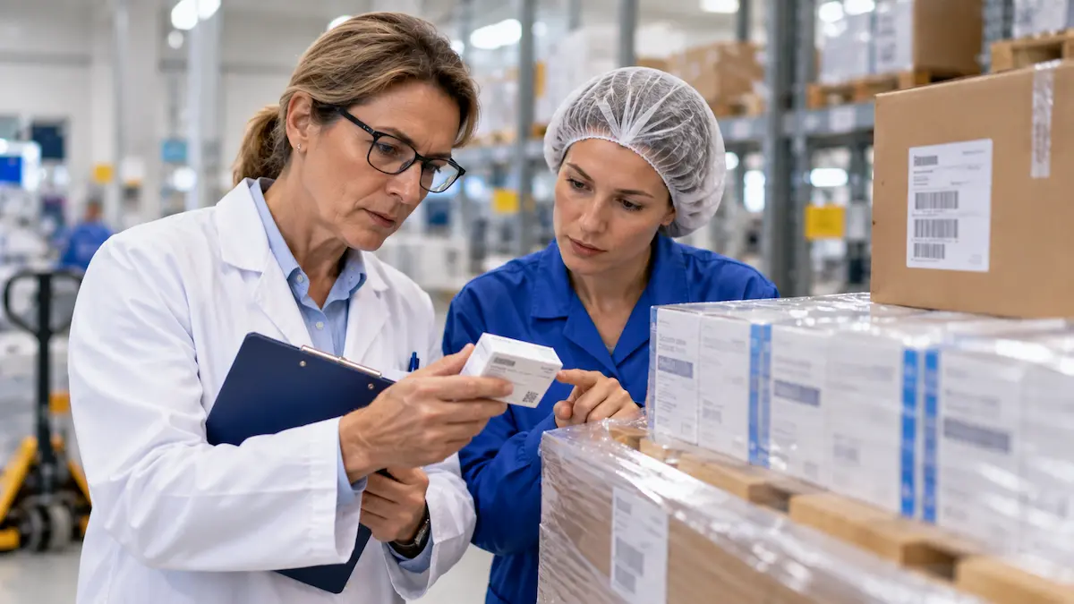 Qualitätsprüferin und Produktionsmitarbeiterin kontrollieren gemeinsam die Chargenkennzeichnung einer Arzneimittelpackung im Pharma-Versandlager.