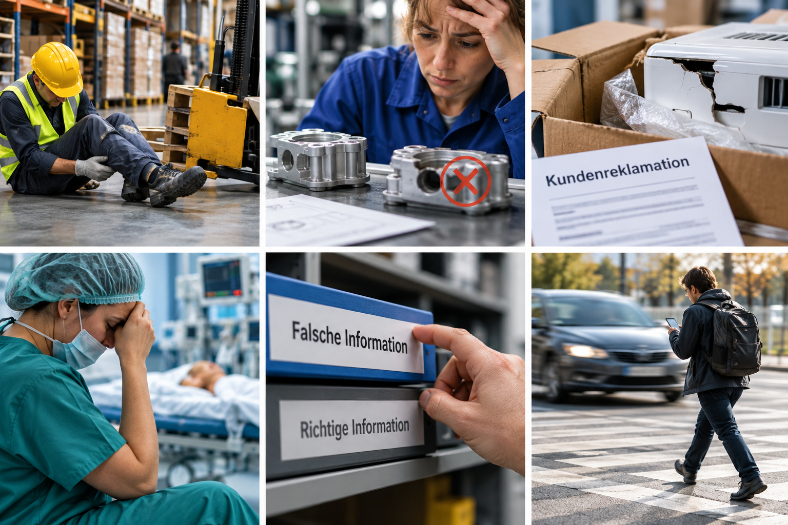 Collage zu Mitarbeiterfehlern: Arbeitsunfall im Lager, fehlerhaftes Bauteil, Kundenreklamation, kritisches Ereignis im Gesundheitswesen, falsche Informationen und Ablenkung im Straßenverkehr.