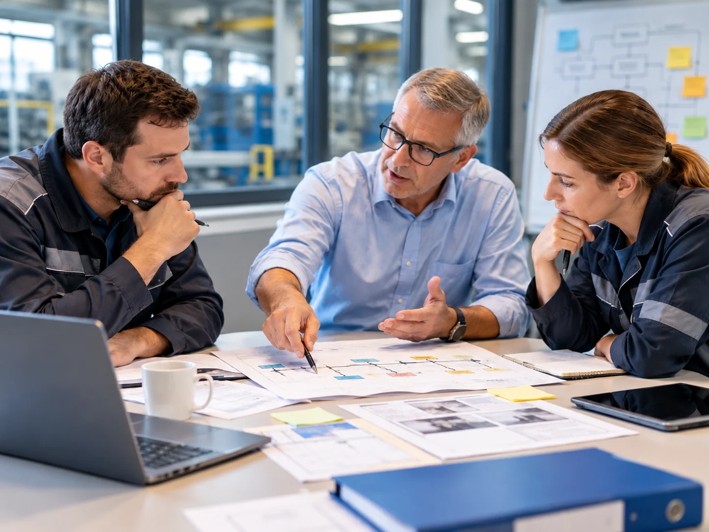 HERCA Online-Coaching bei Ereignisuntersuchungen Team analysiert gemeinsam einen Vorfall bei einer systematischen Ereignisanalyse anhand von Prozessdiagrammen und Unterlagen.